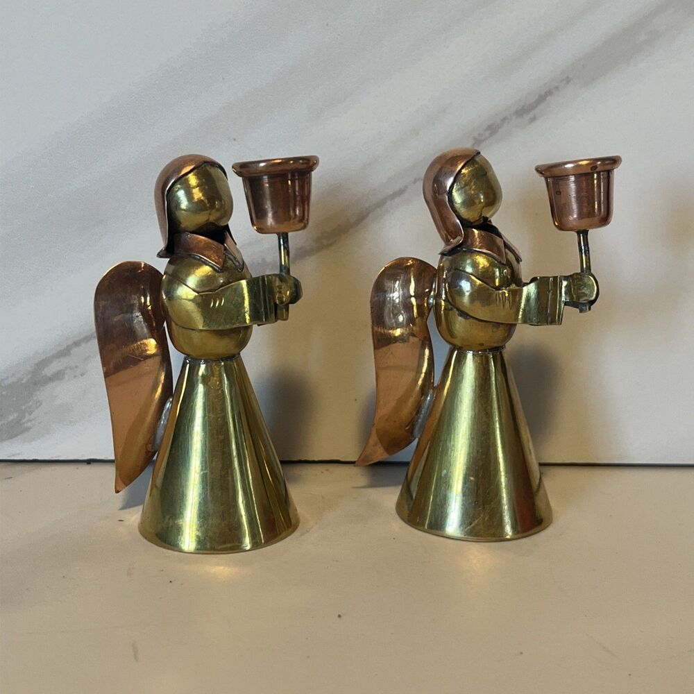 Angel Metal Taper Vintage Candle Holders 3” tall Gold & Copper Set 2